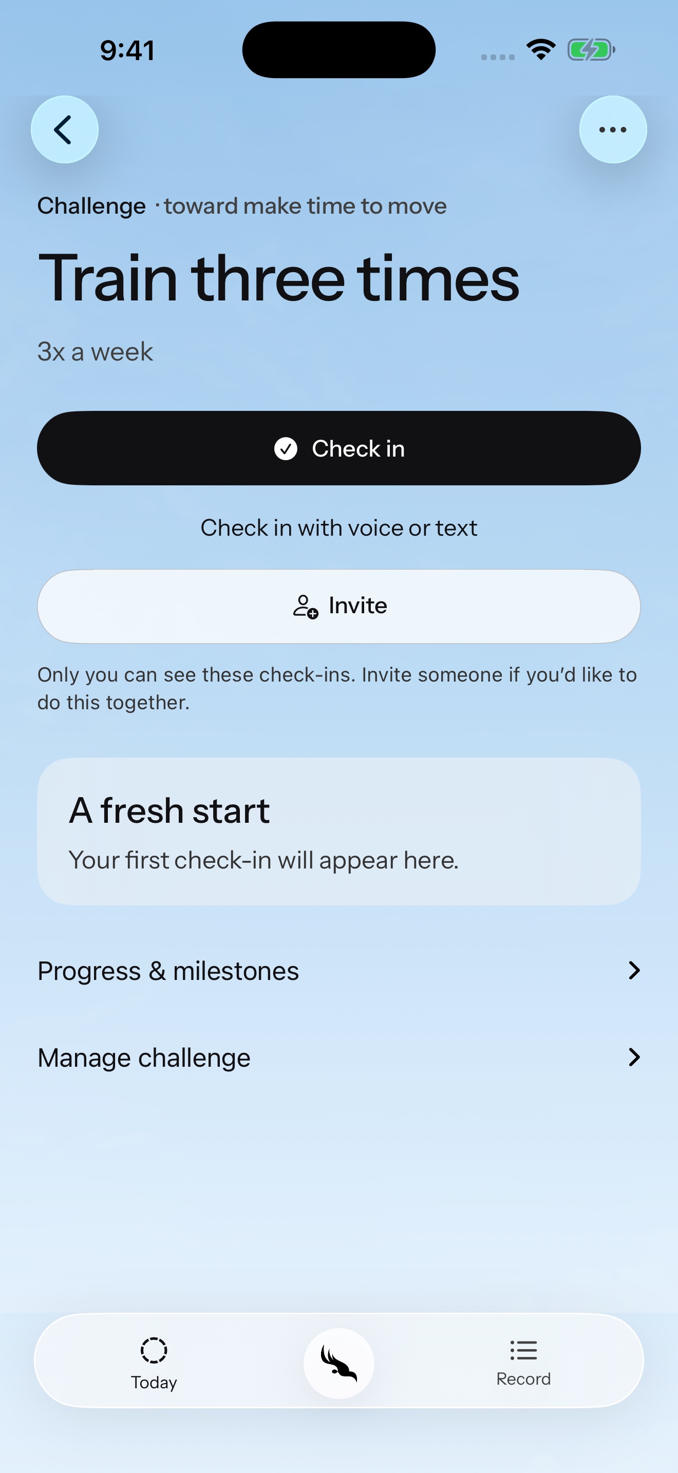 FIREBIRD challenge with one-tap check-in, optional voice or text, invitations and milestones