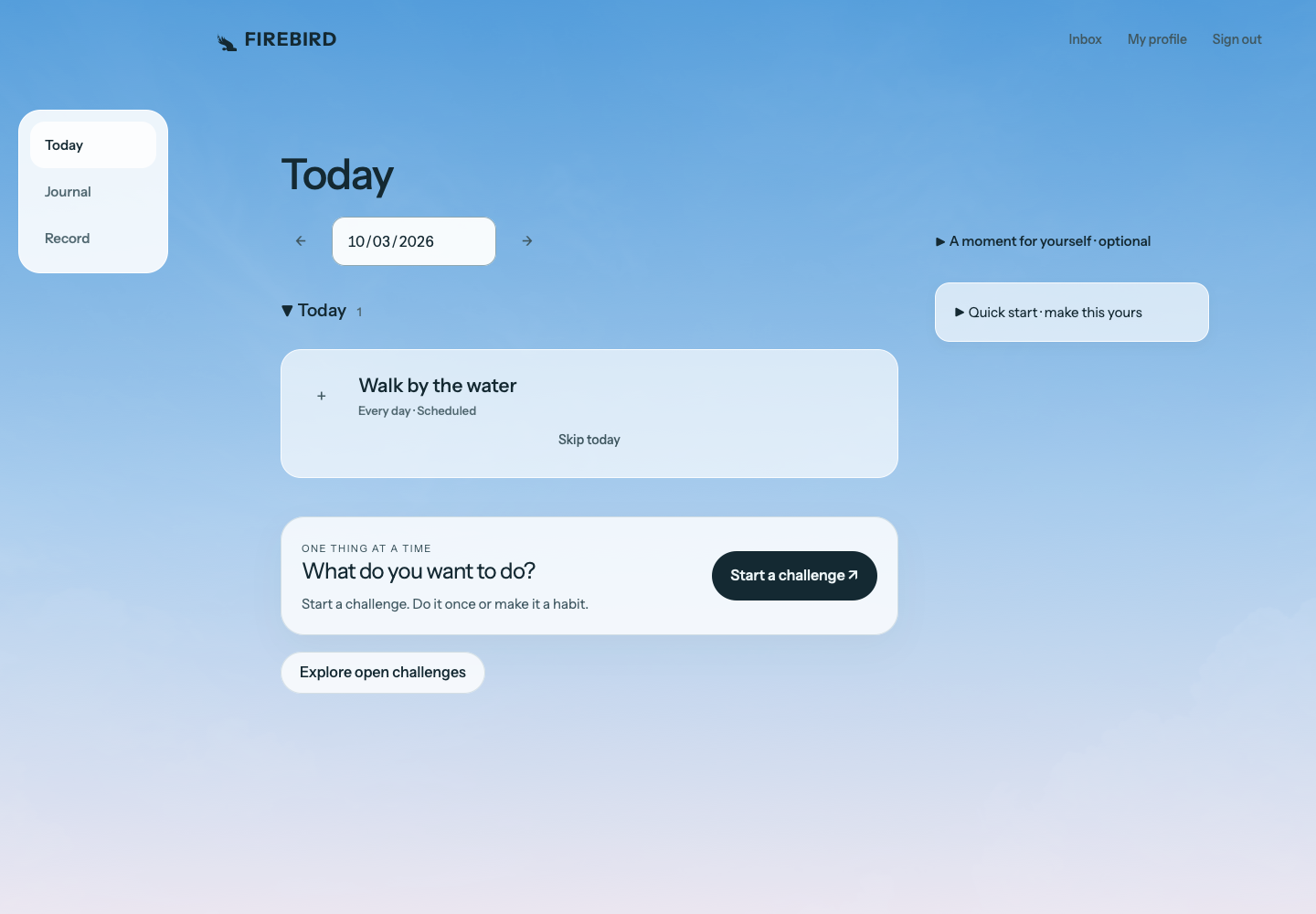 FIREBIRD web workspace with Today, a shared walking challenge and optional reflection