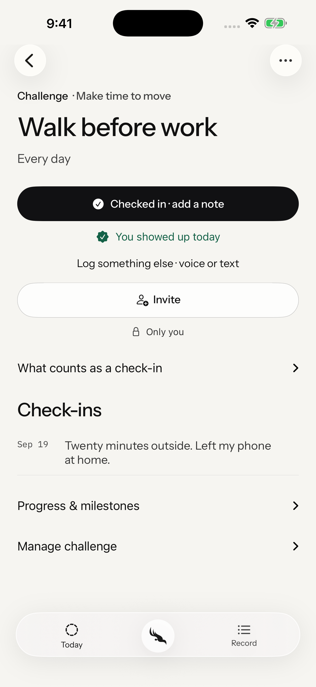FIREBIRD challenge with one-tap check-in, optional voice or text, invitations and milestones