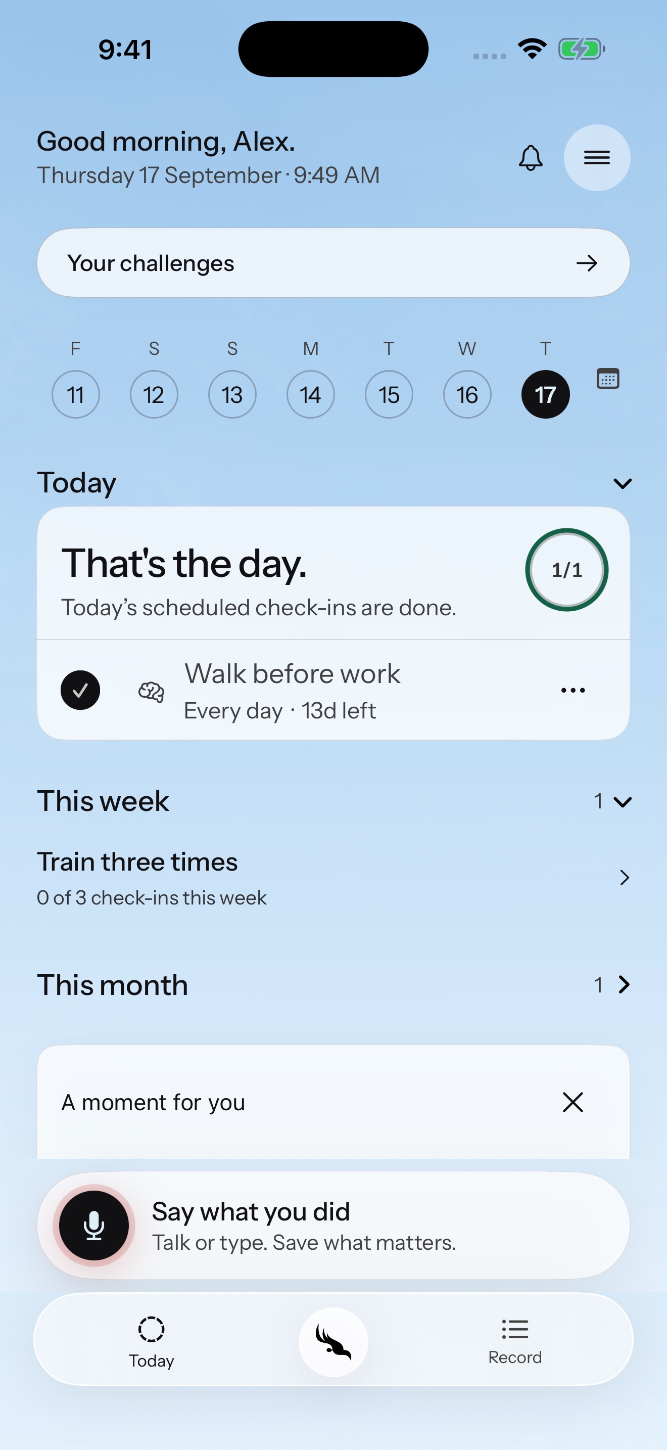 FIREBIRD Today with scheduled activity and a voice check-in button