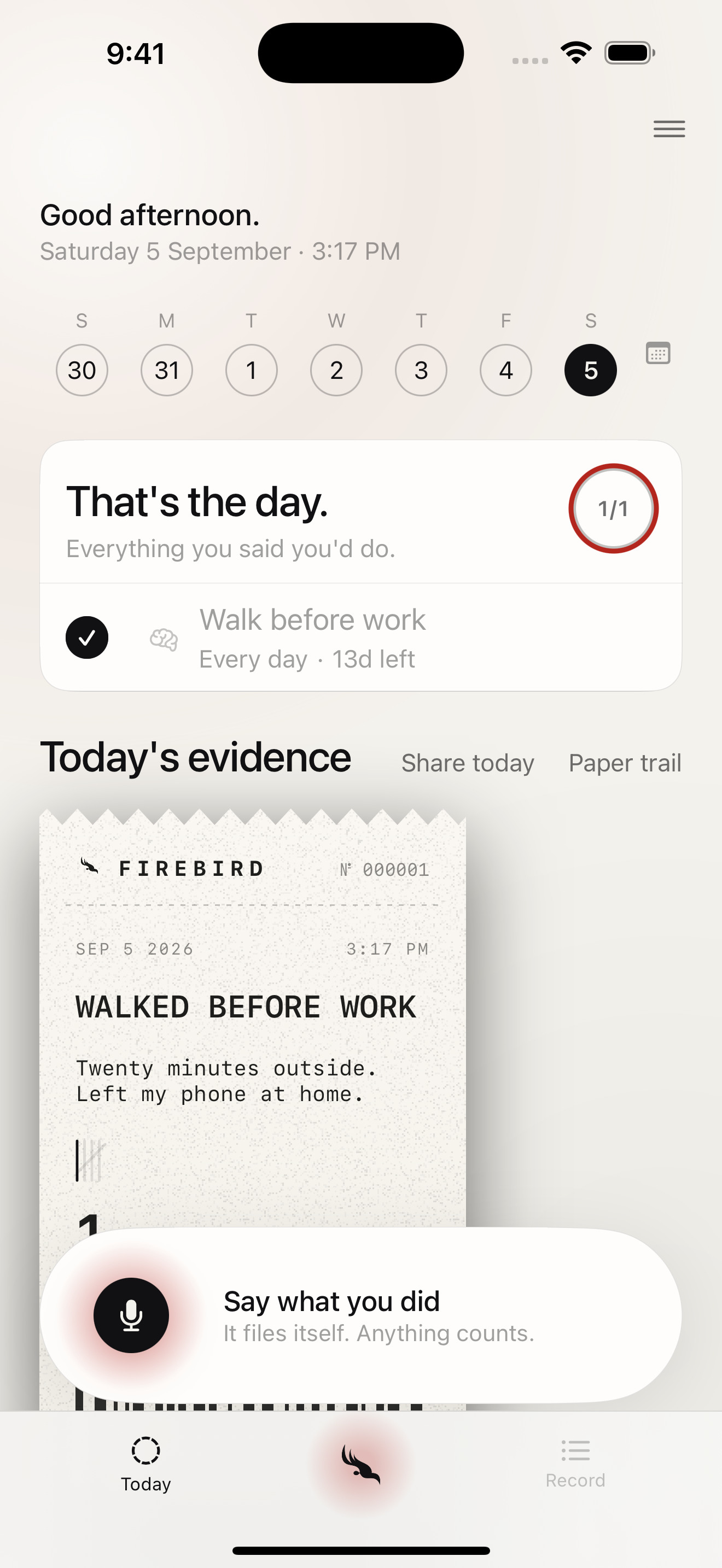 FIREBIRD iOS Today screen with voice check-in and a daily challenge